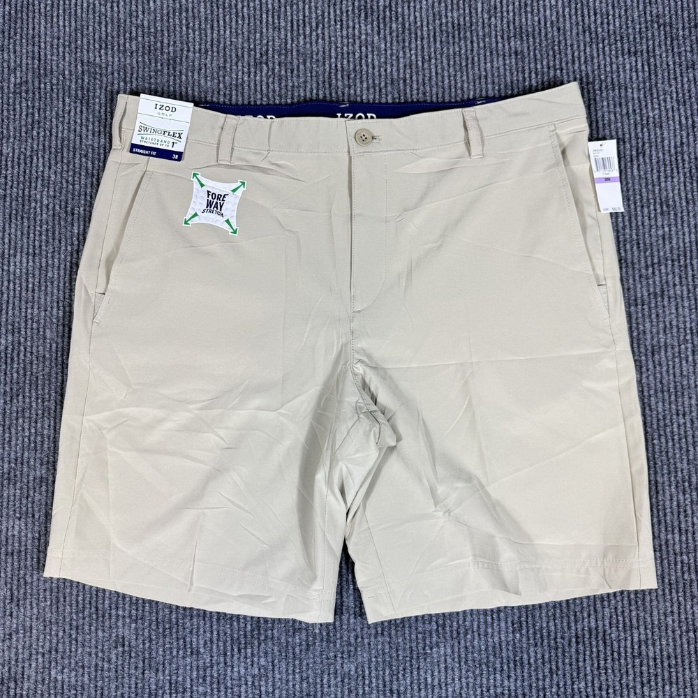 IZOD Swingflex Golf Shorts Mens 38 Khaki Chino Fore Way Stretch Performance 9"